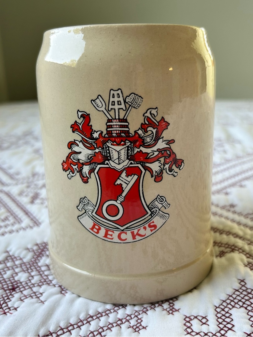 Vintage Gerz Beck's Cream Ceramic Stein with Red Crest Logo